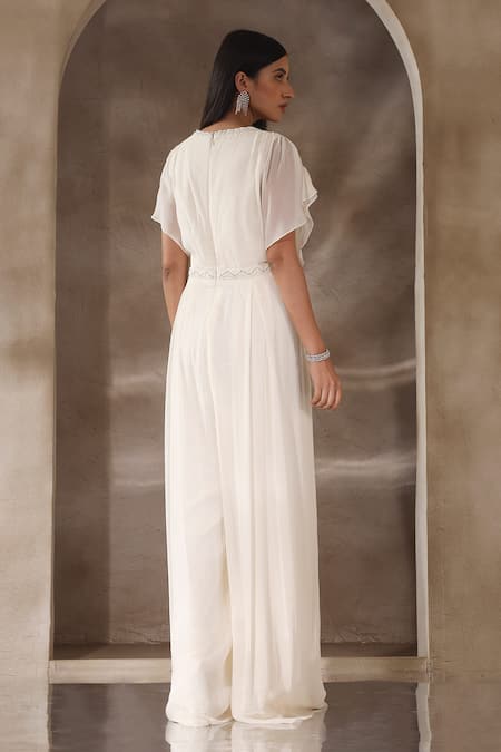 Shop_Seema Thukral_Ivory Georgette, Satin Beads V-neck Pearl Embroidered Neckline Draped Jumpsuit _at_Aza_Fashions