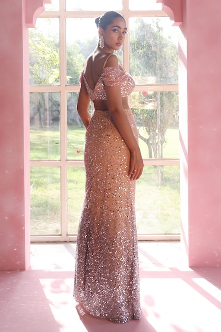 Shop_SAANJH BY LEA_Beige Polyester, Polyamide Shazana Embroidered Blouse And Mermaid Lehenga Set _at_Aza_Fashions