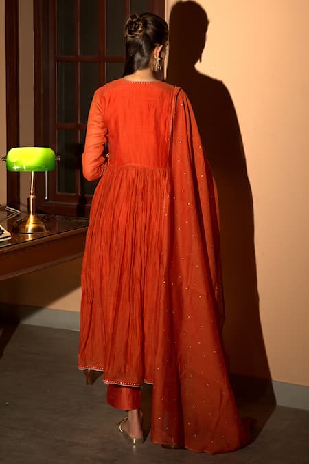 Shop Deep Thee Orange Chanderi Embroidery Round Neck Resham Angrakha Set at Aza Fashions Shop_Deep Thee_Orange Chanderi Embroidery Round Neck Resham Angrakha Set _at_Aza_Fashions