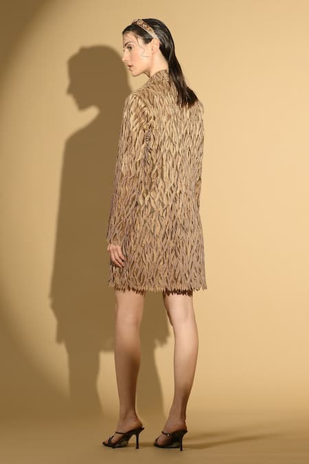Shop Geisha Designs Brown Nylon Embroidered Beads Lapel Collar Thread Short Dress at Aza Fashions Shop_Geisha Designs_Brown Nylon Embroidered Beads Lapel Collar Thread Short Dress _at_Aza_Fashions