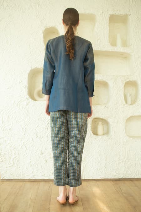 Shop Oja Blue Handloom Silk Applique V Neck Embroidered Short Tunic And Pant Set at Aza Fashions Shop_Oja_Blue Handloom Silk Applique V Neck Embroidered Short Tunic And Pant Set _at_Aza_Fashions