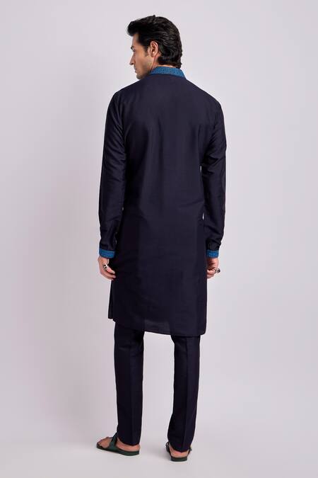 Shop Bubber Couture Blue Cotton, Silk Embroidery Brody Collar Kurta With Pant at Aza Fashions Shop_Bubber Couture_Blue Cotton, Silk Embroidery Brody Collar Kurta With Pant _at_Aza_Fashions