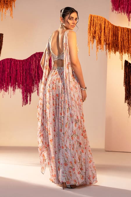 Shop Silky Bindra White Georgette, Net Sequins Floral Bloom Print Lehenga With Embroidered Blouse at Aza Fashions Shop_Silky Bindra_White Georgette, Net Sequins Floral Bloom Print Lehenga With Embroidered Blouse _at_Aza_Fashions