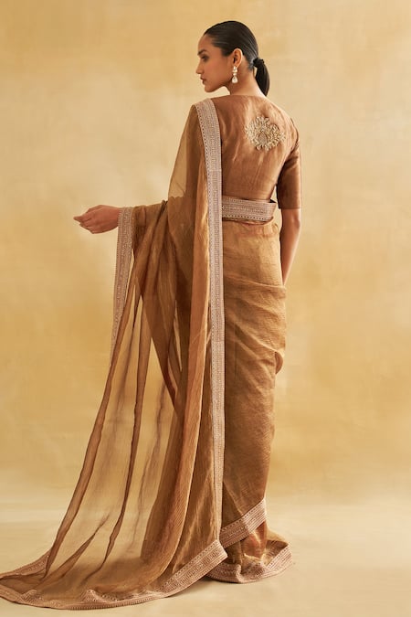 Shop_Taisha_Gold Satin, Silk Embroidery V-neck Dori Work Saree Set _at_Aza_Fashions