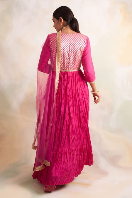 Shop Palak & Mehak Pink Cotton, Net, Banarasi Gota Round Embroidered Anarkali With Dupatta at Aza Fashions Shop_Palak & Mehak_Pink Cotton, Net, Banarasi Gota Round Embroidered Anarkali With Dupatta _at_Aza_Fashions
