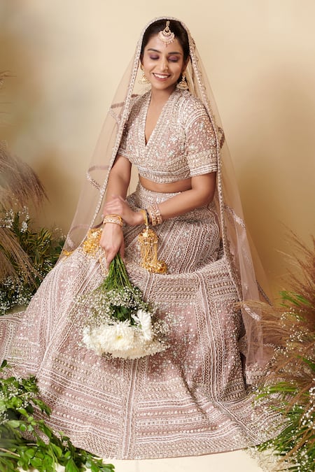 Shop Reeti Arneja Brown Organza, Net Sequins V-neck Noori Embroidered Bridal Lehenga Set at Aza Fashions Shop_Reeti Arneja_Brown Organza, Net Sequins V-neck Noori Embroidered Bridal Lehenga Set _at_Aza_Fashions