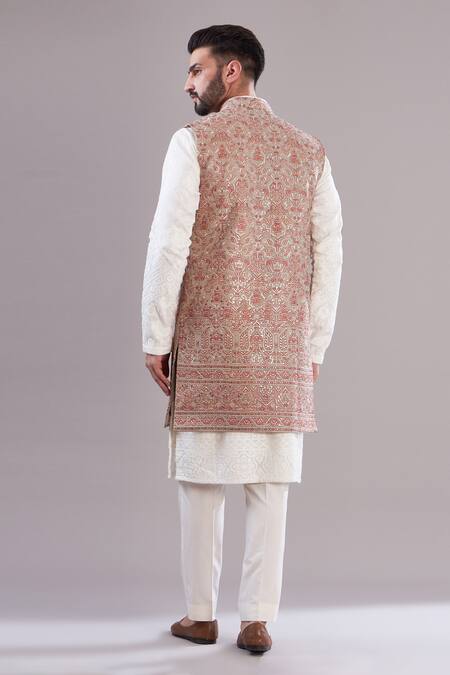 Shop_Kasbah_Multi Color Georgette, Cotton Embroidery Kashmiri Work Long Open Shrug _at_Aza_Fashions