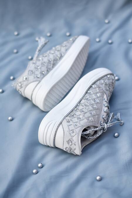 Around Always Silver Gemini Floral Embroidered Sneakers Online at Aza Fashions Around Always_Silver Gemini Floral Embroidered Sneakers _Online_at_Aza_Fashions