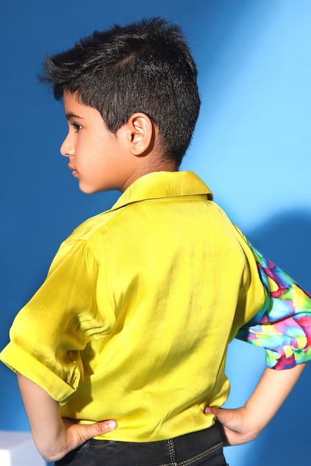 Shop Littlecheer Multi Color Viscose, Satin Feathers Print Roll-up Sleeve Shirt at Aza Fashions Shop_Littlecheer_Multi Color Viscose, Satin Feathers Print Roll-up Sleeve Shirt _at_Aza_Fashions