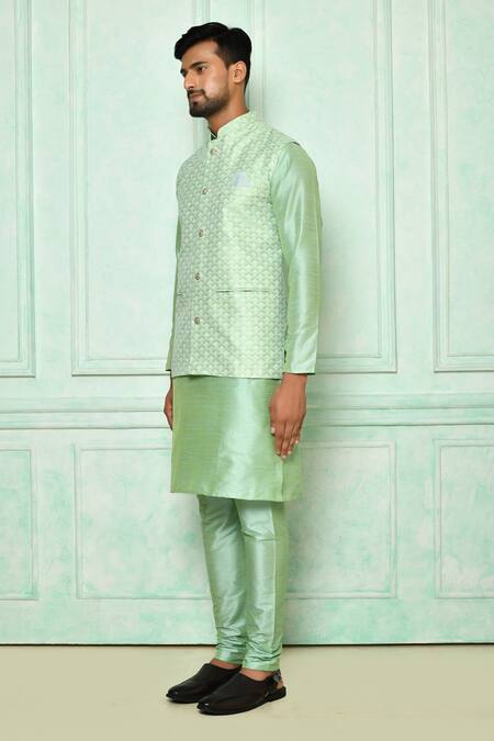 Buy_Arihant Rai Sinha_Green Kurta Silk And Pyjama Cotton Embroidery Thread Bundi & Set_Online_at_Aza_Fashions