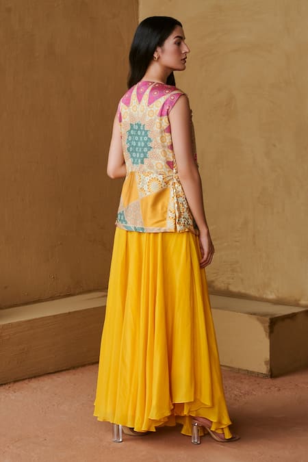 Shop Studio Radical Yellow Silk Satin, Crepe Sequins, Embroidery, Printed Peplum Jacket Pant Set at Aza Fashions Shop_Studio Radical_Yellow Silk Satin, Crepe Sequins, Embroidery, Printed Peplum Jacket Pant Set _at_Aza_Fashions