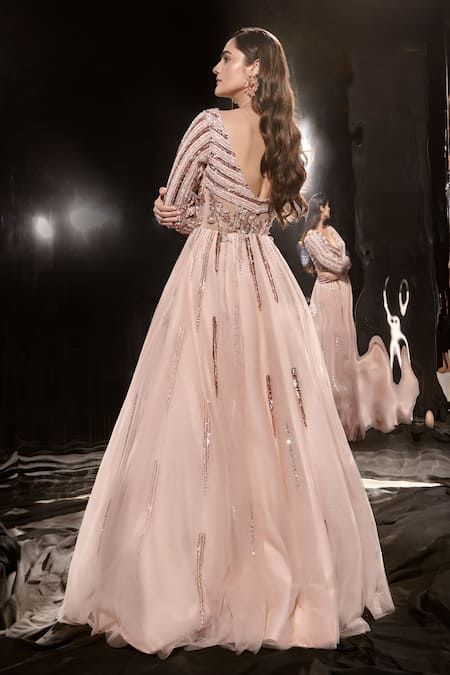 Shop Masumi Mewawalla Pink Net Sequins V-neck Bodice Embroidered Gown at Aza Fashions Shop_Masumi Mewawalla_Pink Net Sequins V-neck Bodice Embroidered Gown _at_Aza_Fashions