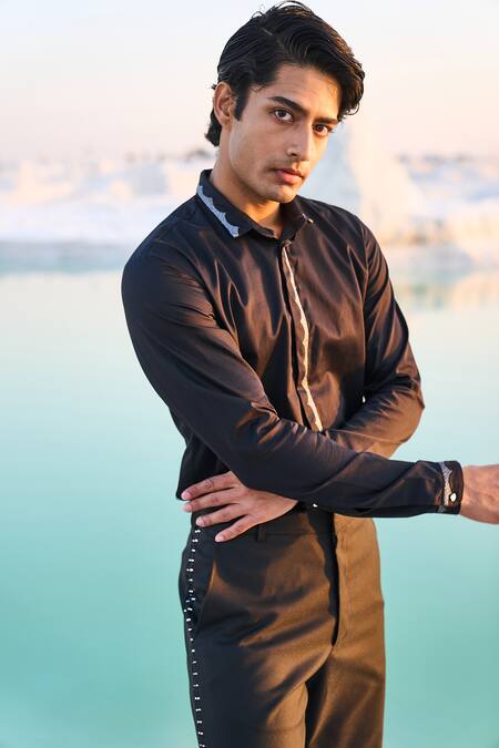 Shop_Dash And Dot_Black Cotton Embroidery Organic Scalloped Shirt _at_Aza_Fashions