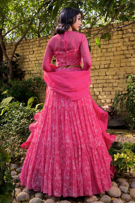 Shop Suruchi Parakh Pink Net, Georgette Embroidery Asymmetric Pleated Floral Print Lehenga Set at Aza Fashions Shop_Suruchi Parakh_Pink Net, Georgette Embroidery Asymmetric Pleated Floral Print Lehenga Set _at_Aza_Fashions