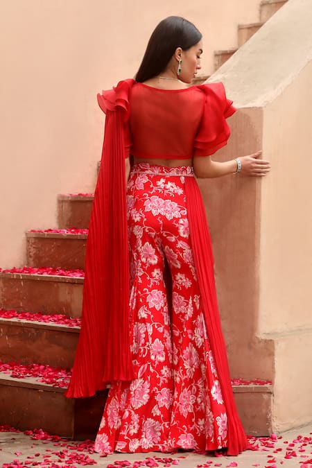 Shop Dheeru Taneja Red Organza, Crepe Beads, Aalia Printed Pant Saree With Ruffle Sleeve Blouse at Aza Fashions Shop_Dheeru Taneja_Red Organza, Crepe Beads, Aalia Printed Pant Saree With Ruffle Sleeve Blouse _at_Aza_Fashions