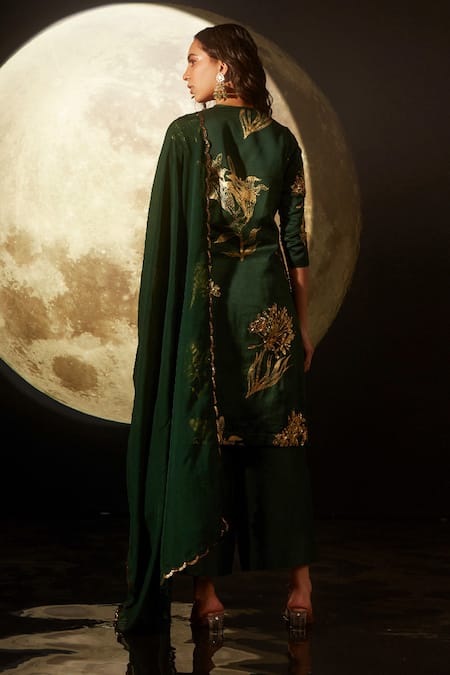 Shop_Dohr India_Green Silk, Organza, Cotton, Chanderi Embroidery, Sequins Kurta Palazzo Set _at_Aza_Fashions