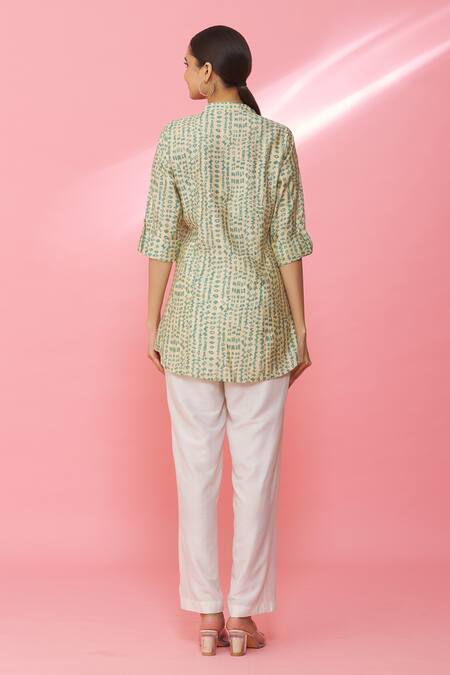 Shop Samyukta Singhania Cream Modal, Chanderi Mandarin Collar Geometric Pattern Shirt at Aza Fashions Shop_Samyukta Singhania_Cream Modal, Chanderi Mandarin Collar Geometric Pattern Shirt_at_Aza_Fashions