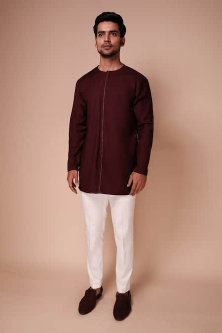 Shop_Tisa - Men_Maroon Terry Rayon Embroidered Resham Thread Work Short Kurta And Pant Set_at_Aza_Fashions