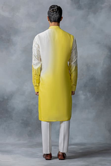 Shop Sarab Khanijou Yellow Cotton Silk Embroidery Mirror Kurta Set at Aza Fashions Shop_Sarab Khanijou_Yellow Cotton Silk Embroidery Mirror Kurta Set _at_Aza_Fashions
