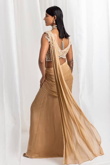 Seema Thukral Gold Georgette, Satin, Chiffon Embroidery, Pearls, Pre-draped Saree With Choli Online at Aza Fashions Seema Thukral_Gold Georgette, Satin, Chiffon Embroidery, Pearls, Pre-draped Saree With Choli _Online_at_Aza_Fashions