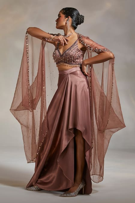 Divya Aggarwal_Brown Satin, Organza Beads, Tassels Plunge Neck Debro Cape Skirt Set _Online_at_Aza_Fashions
