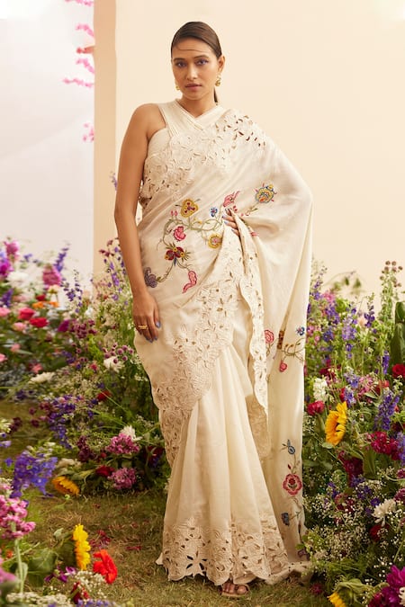 Shop Chandrima Ivory Chanderi Embroidery, Cut Work Floral Saree at Aza Fashions Shop_Chandrima_Ivory Chanderi Embroidery, Cut Work Floral Saree _at_Aza_Fashions