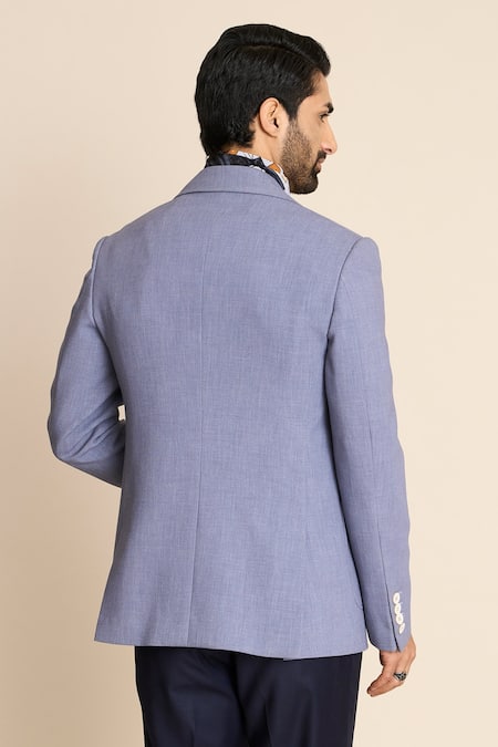 Shop_Gargee Designers_Blue Polyester, Viscose Pleated Patch Pocket Single Breasted Blazer _at_Aza_Fashions