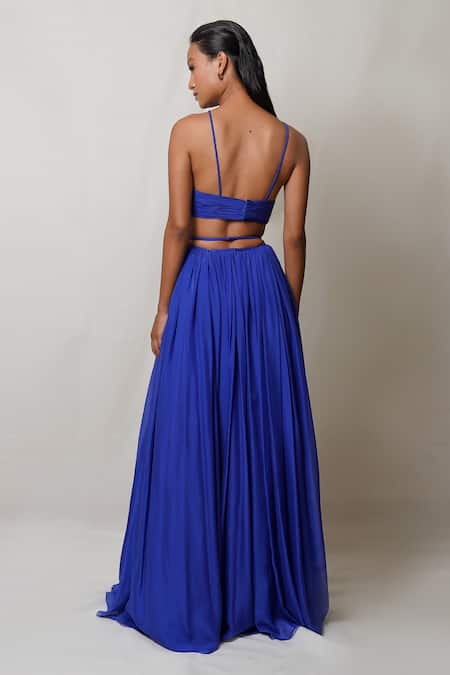 Shop Pinup By Astha Blue Pure Flat Chiffon Lining Butter Crepe Halter Neck Front Slit Gown at Aza Fashions Shop_Pinup By Astha_Blue Pure Flat Chiffon Lining Butter Crepe Halter Neck Front Slit Gown _at_Aza_Fashions