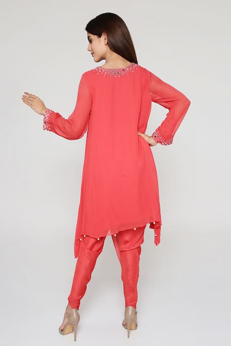 Shop Bha Sha Coral Georgette, Silk Pearls V-neck Rita Embroidered Tunic And Dhoti Pant Set at Aza Fashions Shop_Bha Sha_Coral Georgette, Silk Pearls V-neck Rita Embroidered Tunic And Dhoti Pant Set _at_Aza_Fashions