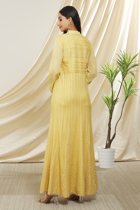 Shop Peenacolada Yellow Georgette, Chiffon Metallic Resham Embroidered Anarkali With Dupatta at Aza Fashions Shop_Peenacolada_Yellow Georgette, Chiffon Metallic Resham Embroidered Anarkali With Dupatta _at_Aza_Fashions