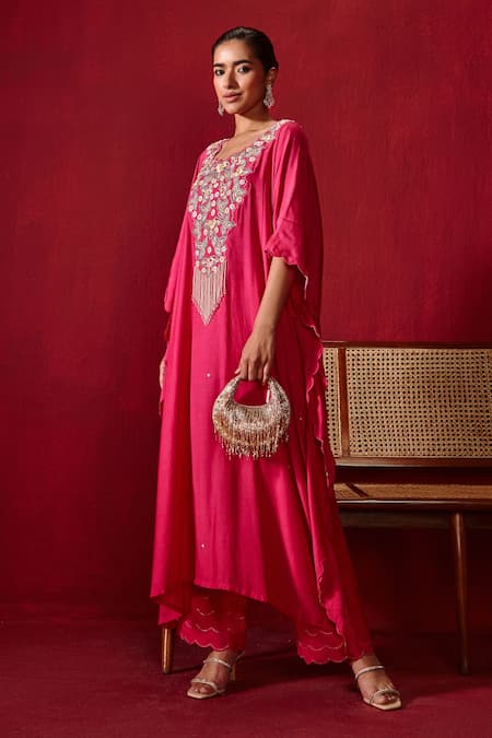 Shop Ajiesh Oberoi Pink Cotton, Silk Pearls, Crystals Round Ambar Embroidered Kaftan And Palazzo Set at Aza Fashions Shop_Ajiesh Oberoi_Pink Cotton, Silk Pearls, Crystals Round Ambar Embroidered Kaftan And Palazzo Set _at_Aza_Fashions