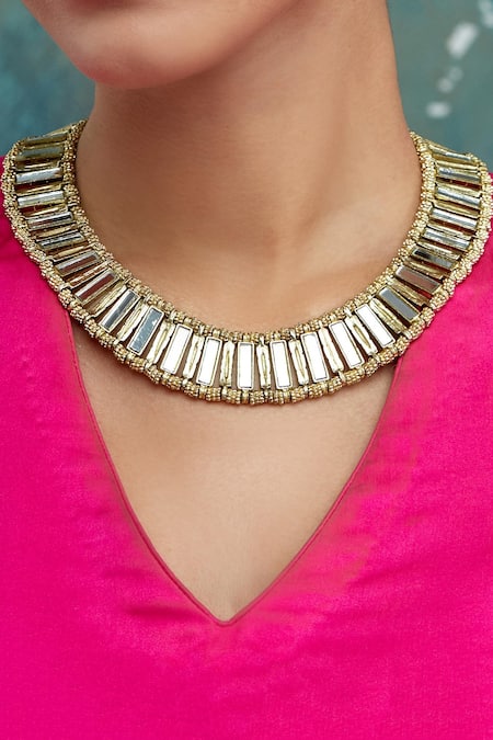 Shop House Of Tuhina Gold Plated Mirror Studded Qabeela Necklace at Aza Fashions Shop_House Of Tuhina_Gold Plated Mirror Studded Qabeela Necklace _at_Aza_Fashions