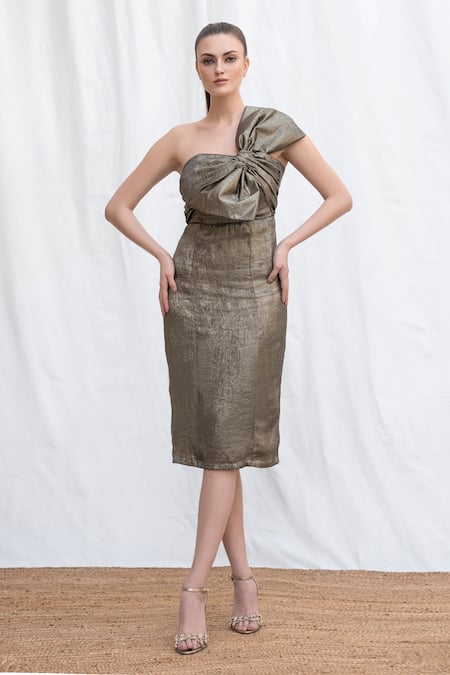 Shop Amrta By Guneet Kondal Gold Polyester, Viscose Asymmetric Bow Detail Midi Dress at Aza Fashions Shop_Amrta By Guneet Kondal_Gold Polyester, Viscose Asymmetric Bow Detail Midi Dress _at_Aza_Fashions