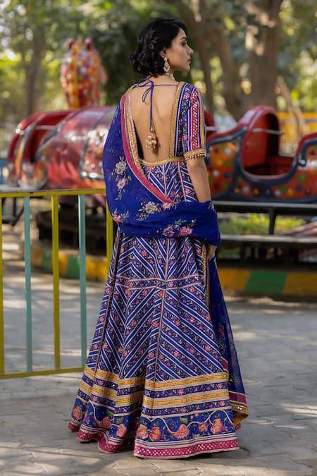 Shop Irrau By Samir Mantri Multi Color Organza, Denim Embroidery Flower Vine Print Anarkali With Dupatta at Aza Fashions Shop_Irrau By Samir Mantri_Multi Color Organza, Denim Embroidery Flower Vine Print Anarkali With Dupatta _at_Aza_Fashions