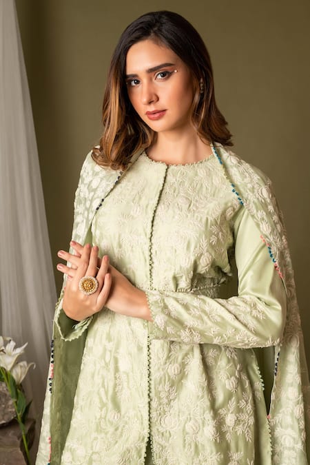 Shop Pds By Sneha Green Silk Embroidery Pearls Round Kurta Flared Pant Set at Aza Fashions Shop_Pds By Sneha_Green Silk Embroidery Pearls Round Kurta Flared Pant Set _at_Aza_Fashions