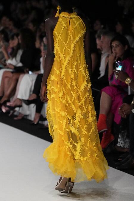 Shop Vidhi Wadhwani Yellow Silk Organza Applique High Neck Irene Trapeze Gown at Aza Fashions Shop_Vidhi Wadhwani_Yellow Silk Organza Applique High Neck Irene Trapeze Gown _at_Aza_Fashions