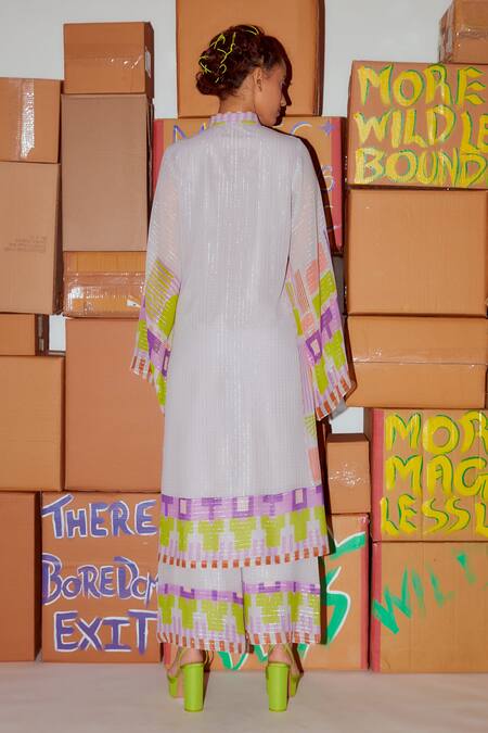 Shop_Nirmooha_Multi Color Lurex Bandeau Neck Geometric Print Kurta And Palazzo Set _at_Aza_Fashions