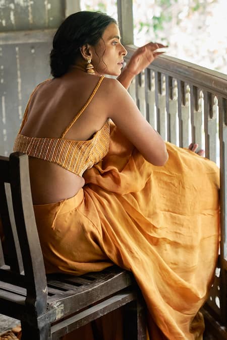 Shop_17:17 By Simmi Saboo_Yellow Muslin Silk And Organza Embroidery Border Lehenga Saree With Bustier _at_Aza_Fashions