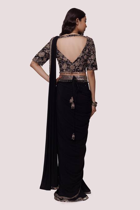 Buy Black Lycra Net Embroidery Pre-stitched Saree With Floral Blouse For  Women by Onaya Online at Aza Fashions.