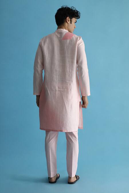Shop_Kaha_Pink Linen Asymmetric Pintuck Detail Meadowp Ombre Effect Kurta_at_Aza_Fashions