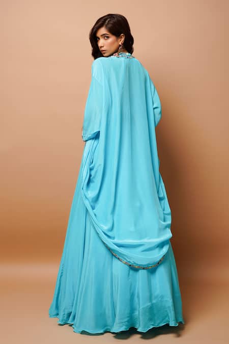 Shop Ahi Clothing Blue Crepe, Linen, Chiffon Cut Work, Zari, Hand Kimono Shrug And Lehenga Set at Aza Fashions Shop_Ahi Clothing_Blue Crepe, Linen, Chiffon Cut Work, Zari, Hand Kimono Shrug And Lehenga Set _at_Aza_Fashions
