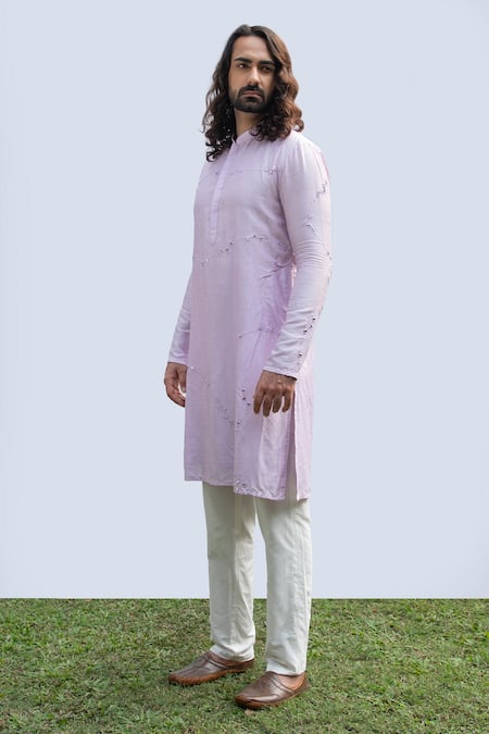 Shop Kaka Calcutta Ivory Bamboo, Cotton, Silk Mirrors Embellished Bamberg Kurta Set at Aza Fashions Shop_Kaka Calcutta_Ivory Bamboo, Cotton, Silk Mirrors Embellished Bamberg Kurta Set _at_Aza_Fashions