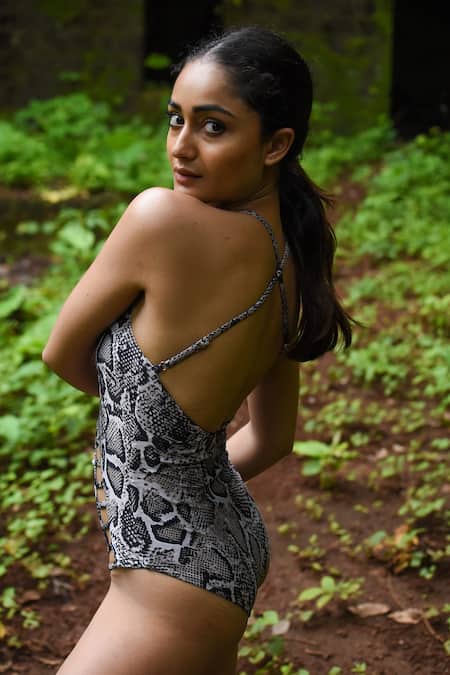 Shop_Goya Swim CO_Black Polyester Round Neck Python Print Reversible Monokini _at_Aza_Fashions