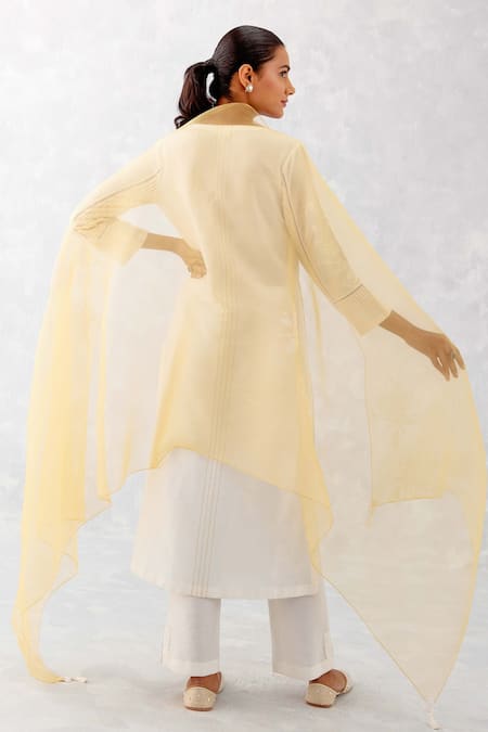 Shop Devnaagri Yellow Cotton, , Organza Embroidery, Pintucked Straight Kurta Pant Set at Aza Fashions Shop_Devnaagri_Yellow Cotton, , Organza Embroidery, Pintucked Straight Kurta Pant Set _at_Aza_Fashions