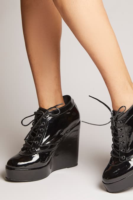 Shop Tiesta Black Patent Gloss Pattern Sneaker Wedges at Aza Fashions Shop_Tiesta_Black Patent Gloss Pattern Sneaker Wedges _at_Aza_Fashions