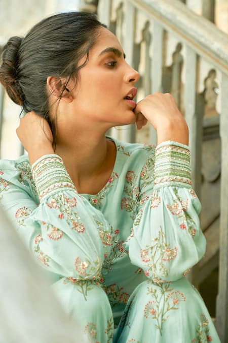 Shop 17:17 By Simmi Saboo Blue Muslin Silk Floral Print, Cut Dana, Thread And Zoya Kurta And Gharara Set at Aza Fashions Shop_17:17 By Simmi Saboo_Blue Muslin Silk Floral Print, Cut Dana, Thread And Zoya Kurta And Gharara Set_at_Aza_Fashions