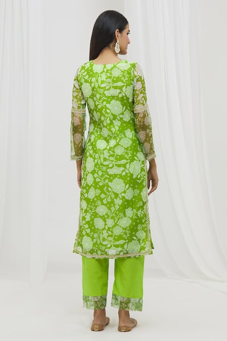 Shop Yuvraani Jaipur Green Chanderi, Cotton, Organza Embroidery, Floral Pattern Straight Kurta Set at Aza Fashions Shop_Yuvraani Jaipur_Green Chanderi, Cotton, Organza Embroidery, Floral Pattern Straight Kurta Set _at_Aza_Fashions
