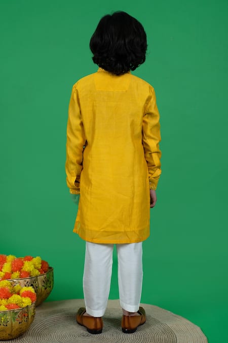 Shop Little Boys Closet Yellow Cotton, Silk Mirrors Embroidered Kurta And Pyjama Set at Aza Fashions Shop_Little Boys Closet_Yellow Cotton, Silk Mirrors Embroidered Kurta And Pyjama Set _at_Aza_Fashions