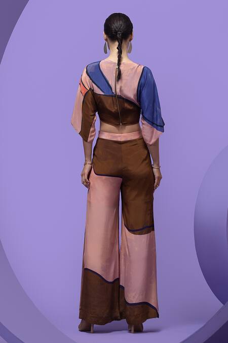 Shop_Nautanky_Multi Color Crepe V-neck Artistic Print Boxy Crop Top And Pant Set _at_Aza_Fashions