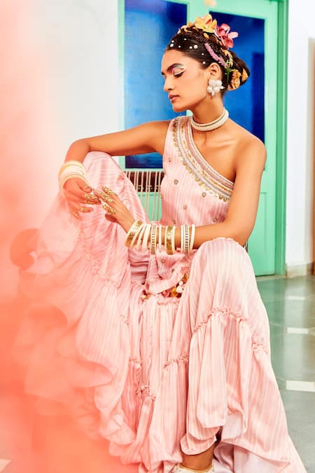 Shop Mona And Vishu Pink Modal Satin Cut Dana, Stripe Print, Zardozi And Kurta Tiered Sharara Set at Aza Fashions Shop_Mona And Vishu_Pink Modal Satin Cut Dana, Stripe Print, Zardozi And Kurta Tiered Sharara Set _at_Aza_Fashions